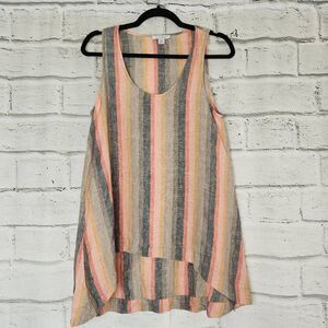 Pure Navy Sleeveless 100% Linen High Low Striped Summer Tank Top Size Small